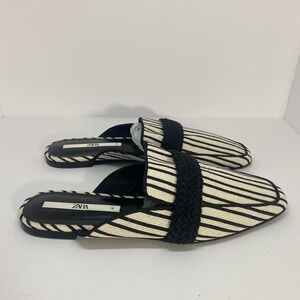 Zara Trafaluc Woven Mules‎ Slides Loafers Black Cream Size 41